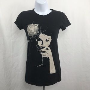 LOL brand black tee shirt woman drinking martini S